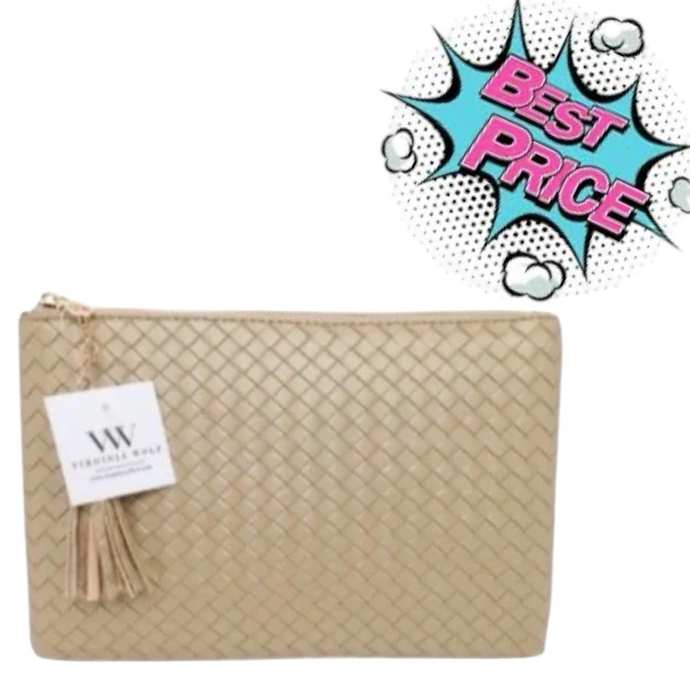 Woven Leather Tassel Clutch Wristlet in Beige